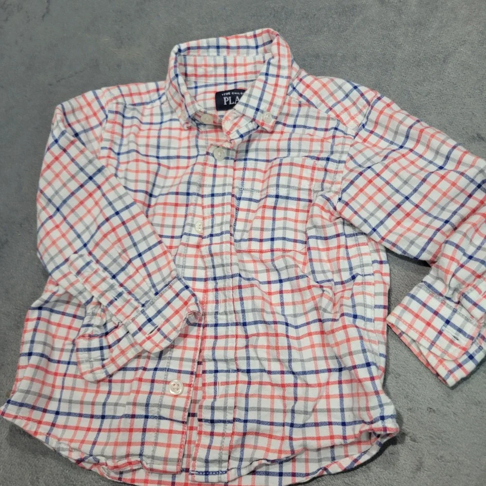 The Childrens Place Button Down Shirts Boys 18-24M Blue Red Plaid Check Lot of 2